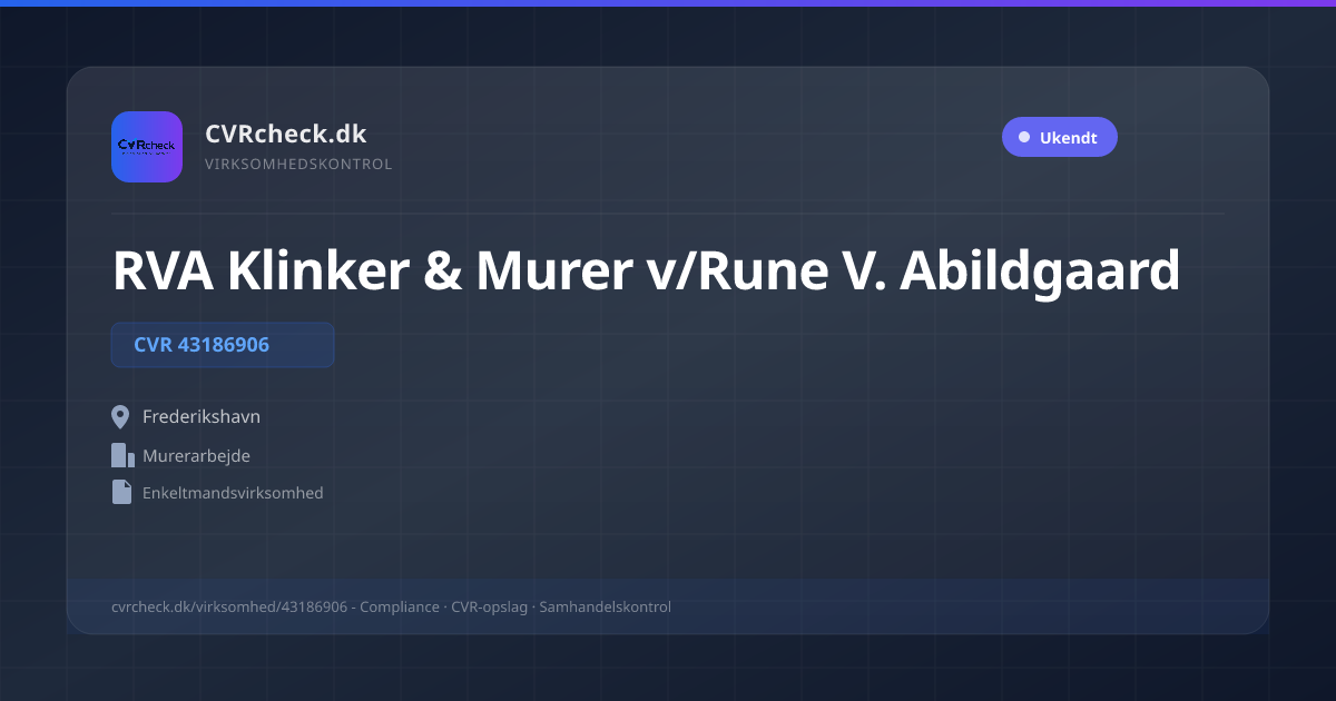 Visitkort: RVA Klinker & Murer v/Rune V. Abildgaard, CVR 43186906, Murerarbejde, Frederikshavn