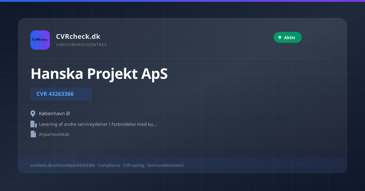 Visitkort: Hanska Projekt ApS, CVR 43263366, Levering af andre serviceydelser i forbindelse med kunstnerisk skaben og scenekunst i.a.n., København Ø, NORMAL