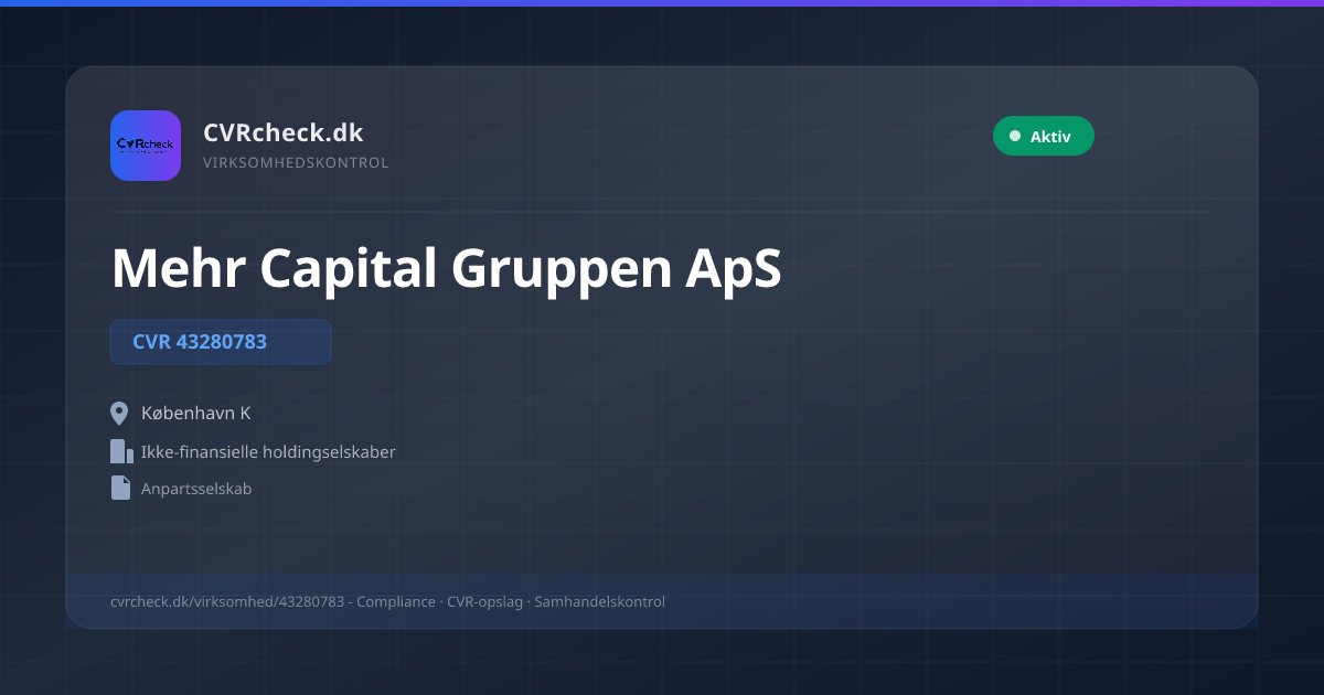 Visitkort: Mehr Capital Gruppen ApS, CVR 43280783, Ikke-finansielle holdingselskaber, København K, NORMAL