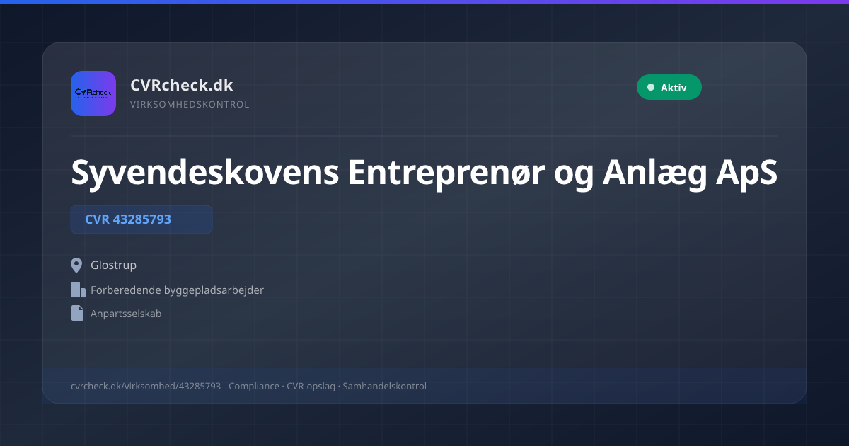 Visitkort: Syvendeskovens Entreprenør og Anlæg ApS, CVR 43285793, Forberedende byggepladsarbejder, Glostrup, NORMAL