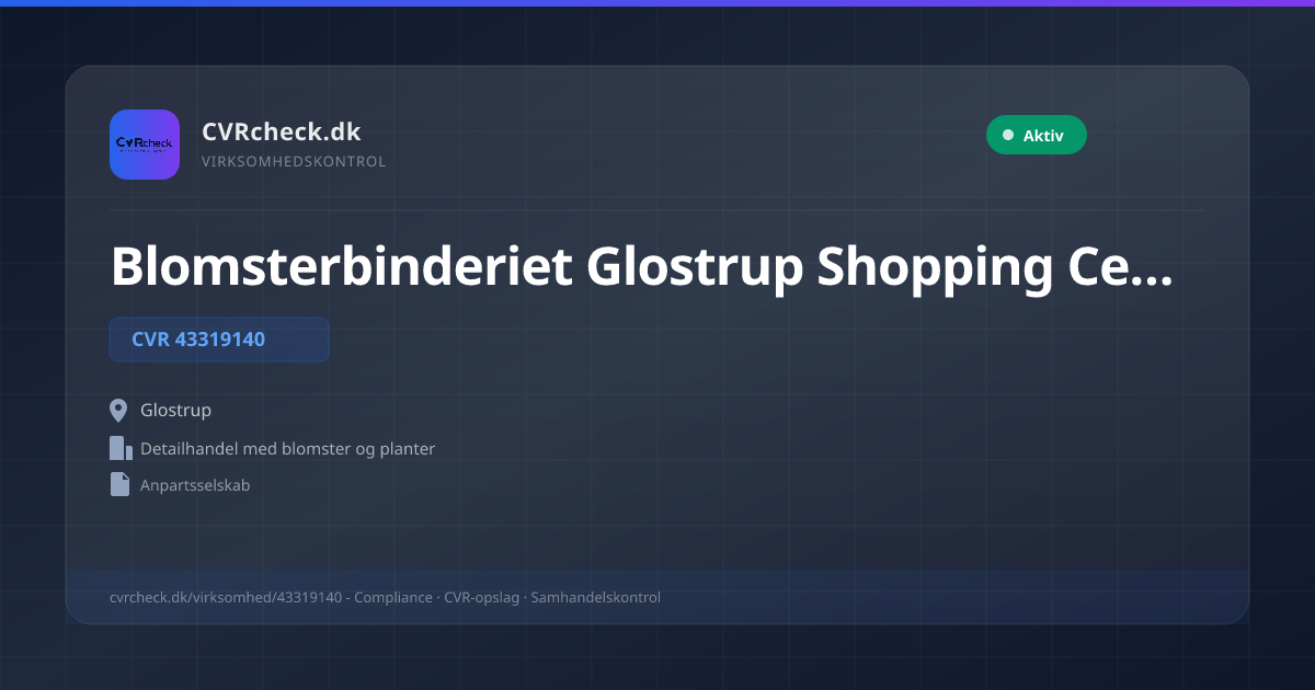 Visitkort: Blomsterbinderiet Glostrup Shopping Center ApS, CVR 43319140, Detailhandel med blomster og planter, Glostrup, NORMAL