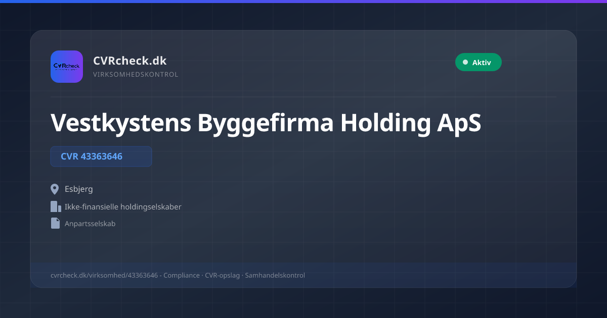 Visitkort: Vestkystens Byggefirma Holding ApS, CVR 43363646, Ikke-finansielle holdingselskaber, Esbjerg, NORMAL