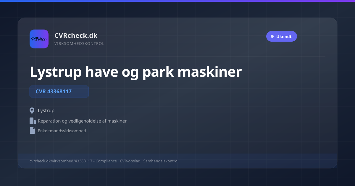 Visitkort: Lystrup have og park maskiner, CVR 43368117, Reparation og vedligeholdelse af maskiner, Lystrup