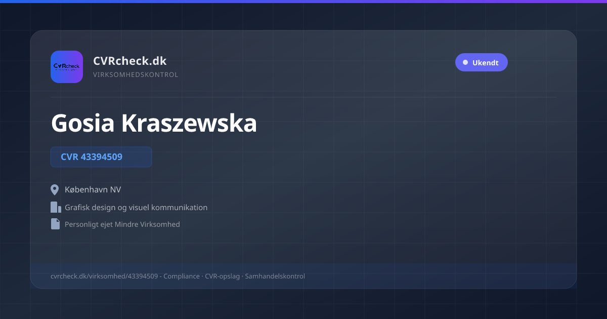 Visitkort: Gosia Kraszewska, CVR 43394509, Grafisk design og visuel kommunikation, København NV