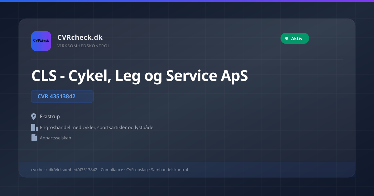 Visitkort: CLS - Cykel, Leg og Service ApS, CVR 43513842, Engroshandel med cykler, sportsartikler og lystbåde, Frøstrup, NORMAL