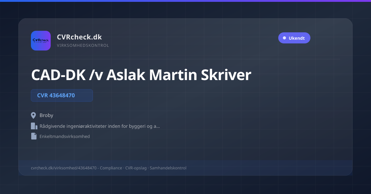 Visitkort: CAD-DK /v Aslak Martin Skriver, CVR 43648470, Rådgivende ingeniøraktiviteter inden for byggeri og anlægsarbejder, Broby