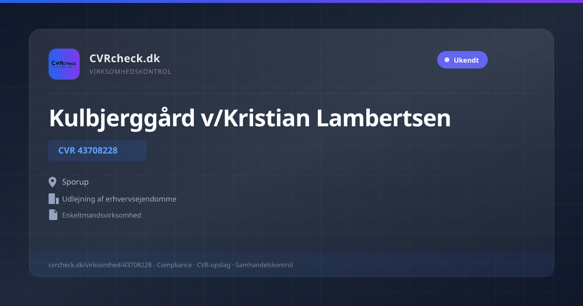 Visitkort: Kulbjerggård v/Kristian Lambertsen, CVR 43708228, Udlejning af erhvervsejendomme, Sporup