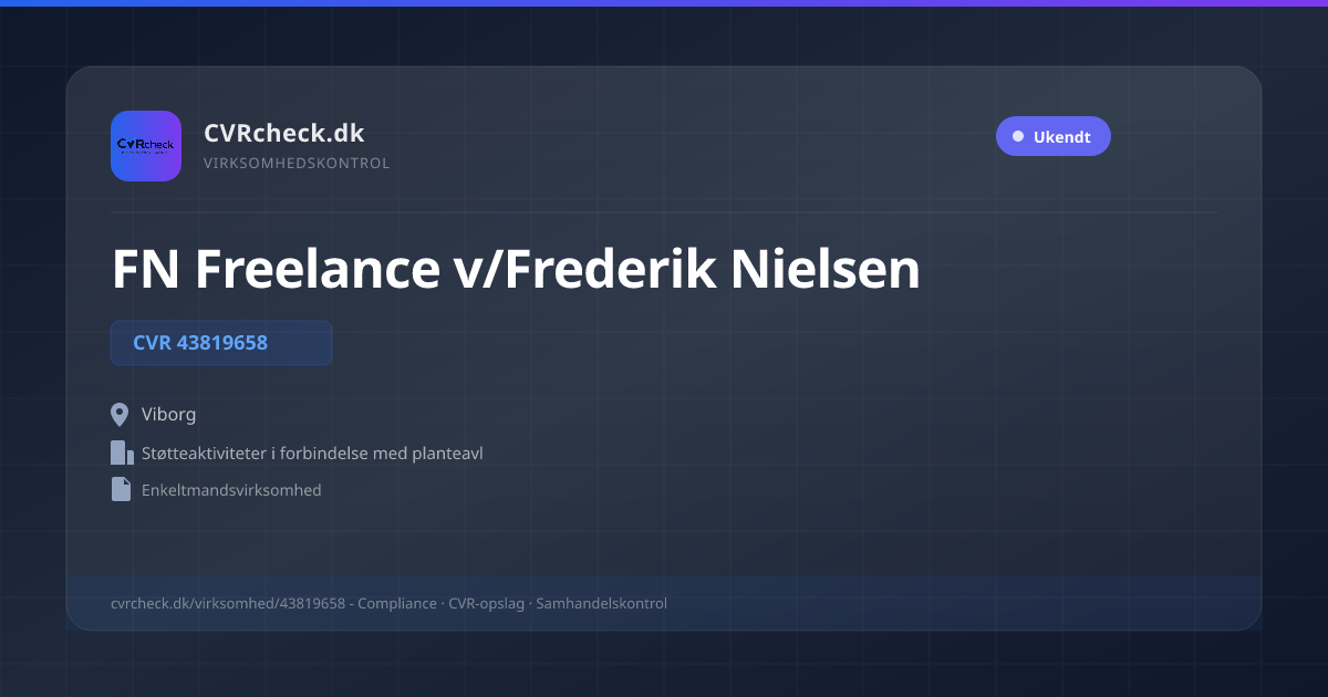 Visitkort: FN Freelance v/Frederik Nielsen, CVR 43819658, Støtteaktiviteter i forbindelse med planteavl, Viborg