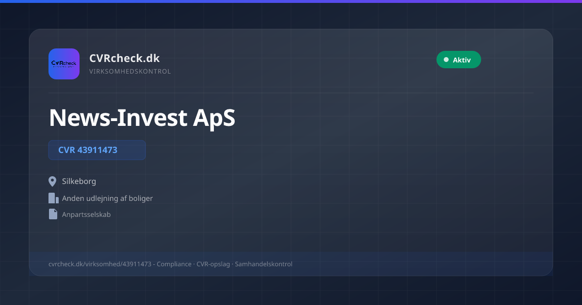 Visitkort: News-Invest ApS, CVR 43911473, Anden udlejning af boliger, Silkeborg, NORMAL