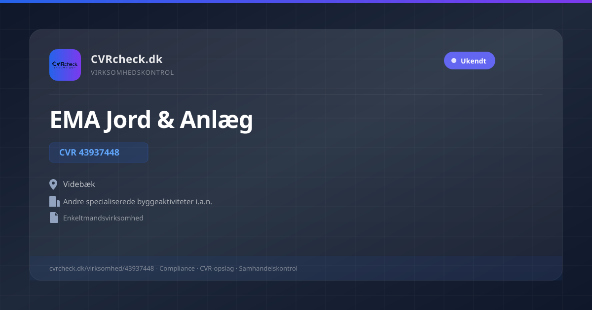 Visitkort: EMA Jord & Anlæg, CVR 43937448, Andre specialiserede byggeaktiviteter i.a.n., Videbæk