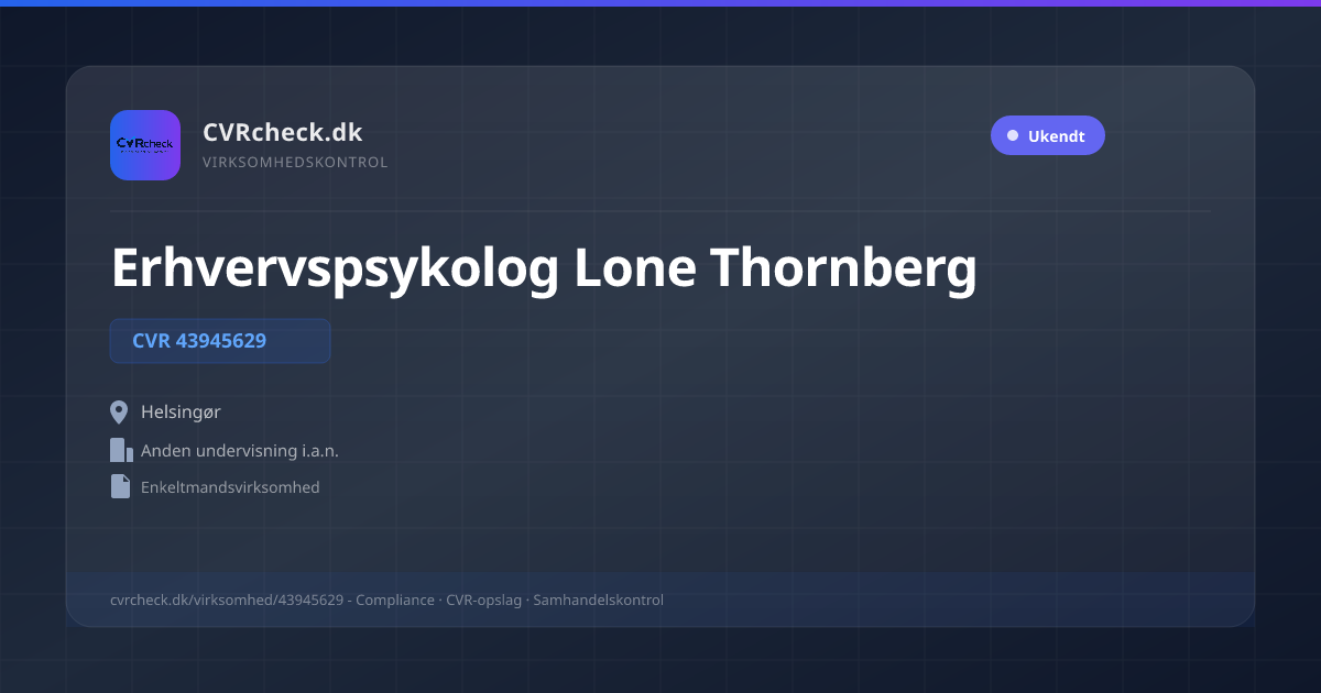 Visitkort: Erhvervspsykolog Lone Thornberg, CVR 43945629, Anden undervisning i.a.n., Helsingør