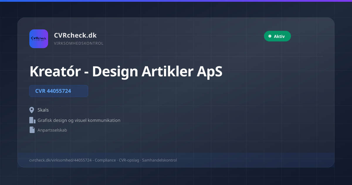 Visitkort: Kreatór - Design Artikler ApS, CVR 44055724, Grafisk design og visuel kommunikation, Skals, NORMAL