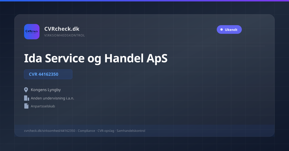 Visitkort: Ida Service og Handel ApS, CVR 44162350, Anden undervisning i.a.n., Kongens Lyngby