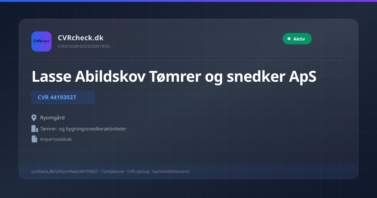 Visitkort: Lasse Abildskov Tømrer og snedker ApS, CVR 44193027, Tømrer- og bygningssnedkeraktiviteter, Ryomgård, NORMAL