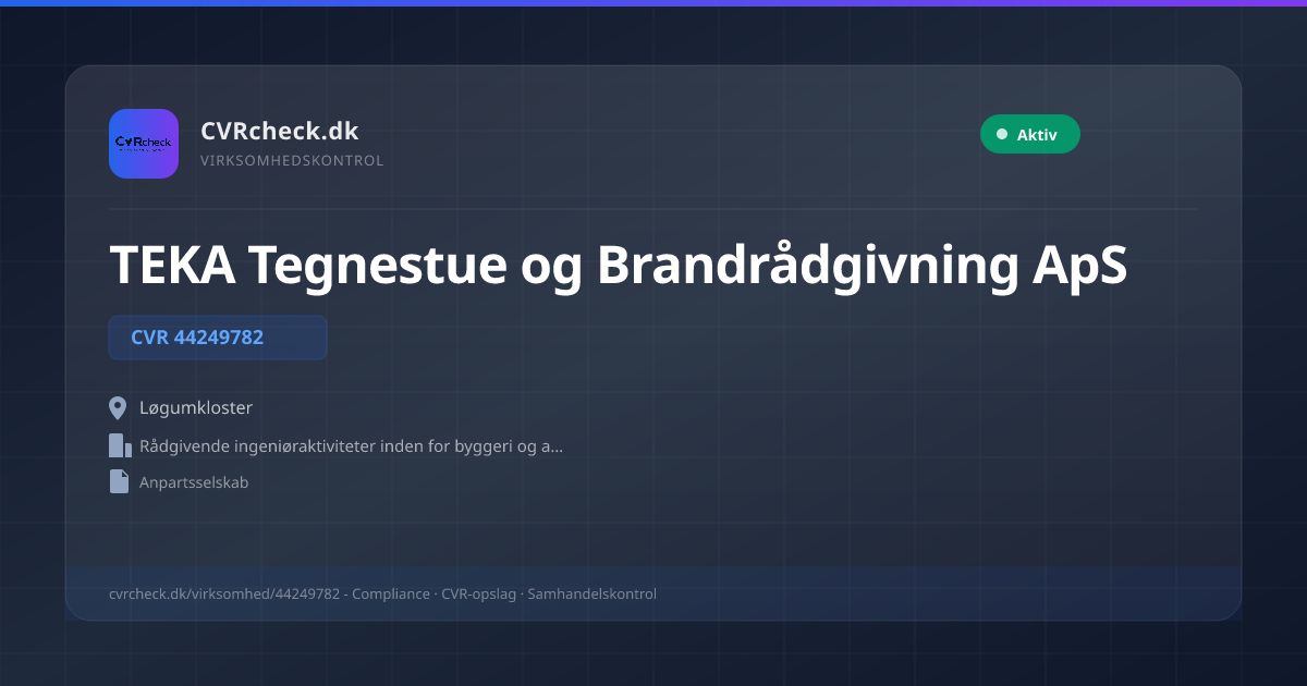 Visitkort: TEKA Tegnestue og Brandrådgivning ApS, CVR 44249782, Rådgivende ingeniøraktiviteter inden for byggeri og anlægsarbejder, Løgumkloster, NORMAL