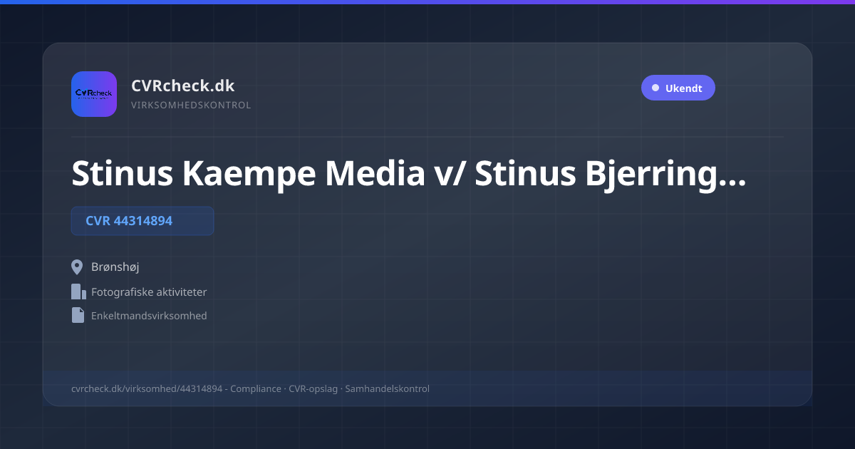 Visitkort: Stinus Kaempe Media v/ Stinus Bjerring Kæmpe, CVR 44314894, Fotografiske aktiviteter, Brønshøj