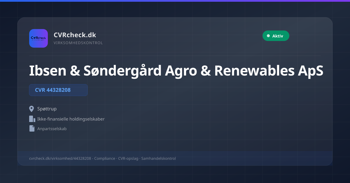 Visitkort: Ibsen & Søndergård Agro & Renewables ApS, CVR 44328208, Ikke-finansielle holdingselskaber, Spøttrup, NORMAL