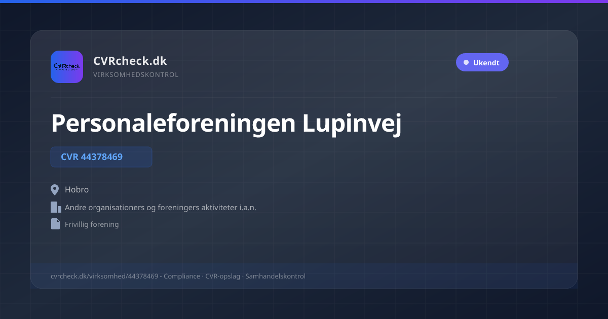 Visitkort: Personaleforeningen Lupinvej, CVR 44378469, Andre organisationers og foreningers aktiviteter i.a.n., Hobro