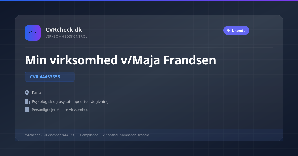 Visitkort: Min virksomhed v/Maja Frandsen, CVR 44453355, Psykologisk og psykoterapeutisk rådgivning, Fanø