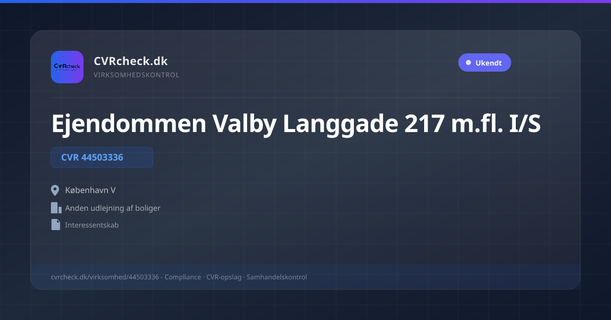 Visitkort: Ejendommen Valby Langgade 217 m.fl. I/S, CVR 44503336, Anden udlejning af boliger, København V
