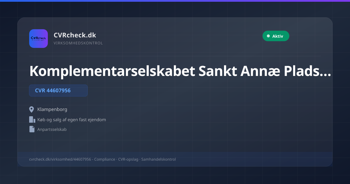 Visitkort: Komplementarselskabet Sankt Annæ Plads 19A, 4. th. ApS, CVR 44607956, Køb og salg af egen fast ejendom, Klampenborg, NORMAL
