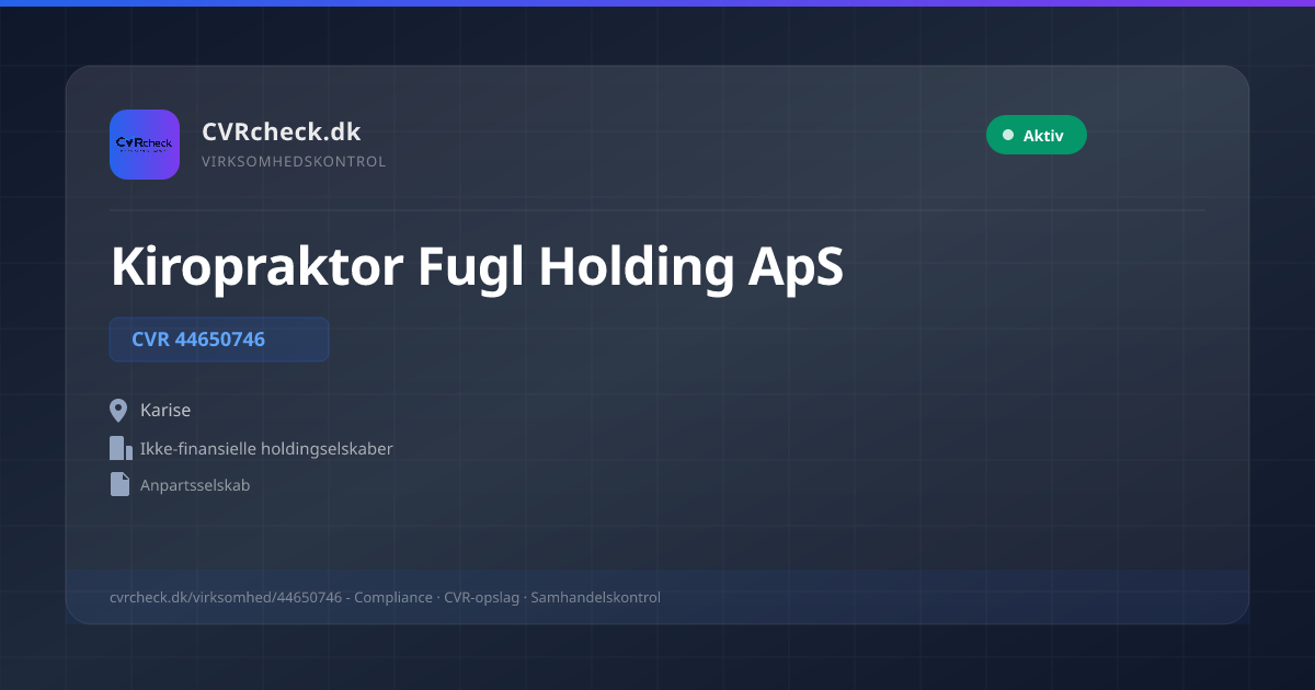 Visitkort: Kiropraktor Fugl Holding ApS, CVR 44650746, Ikke-finansielle holdingselskaber, Karise, NORMAL