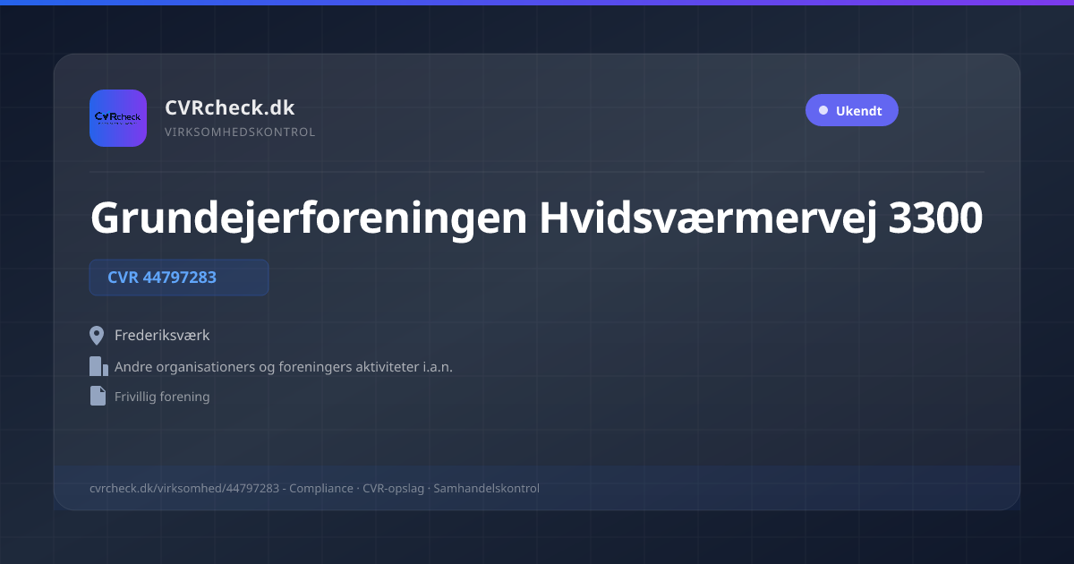 Visitkort: Grundejerforeningen Hvidsværmervej 3300, CVR 44797283, Andre organisationers og foreningers aktiviteter i.a.n., Frederiksværk