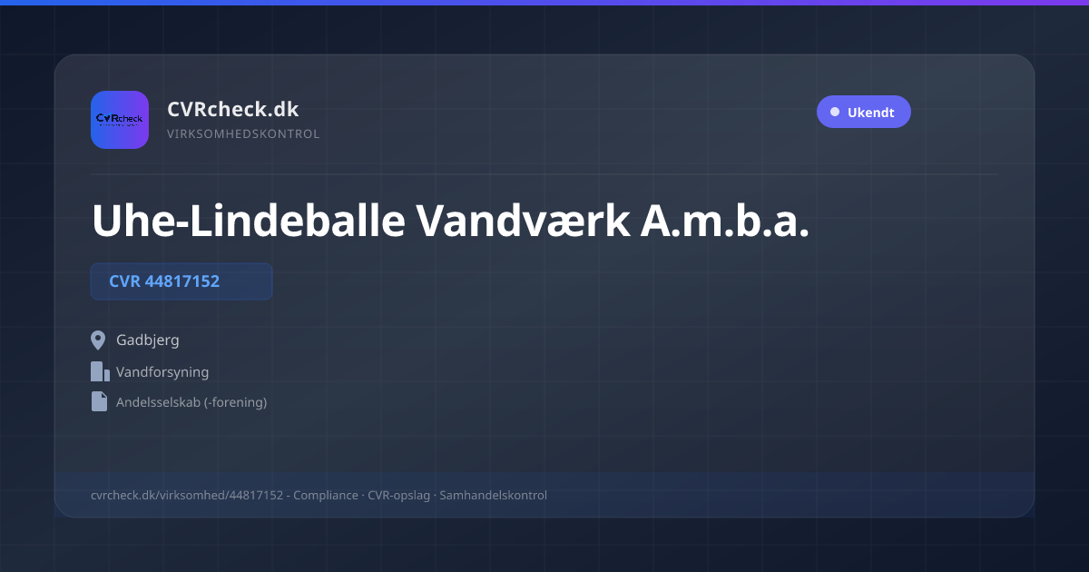 Visitkort: Uhe-Lindeballe Vandværk A.m.b.a., CVR 44817152, Vandforsyning, Gadbjerg