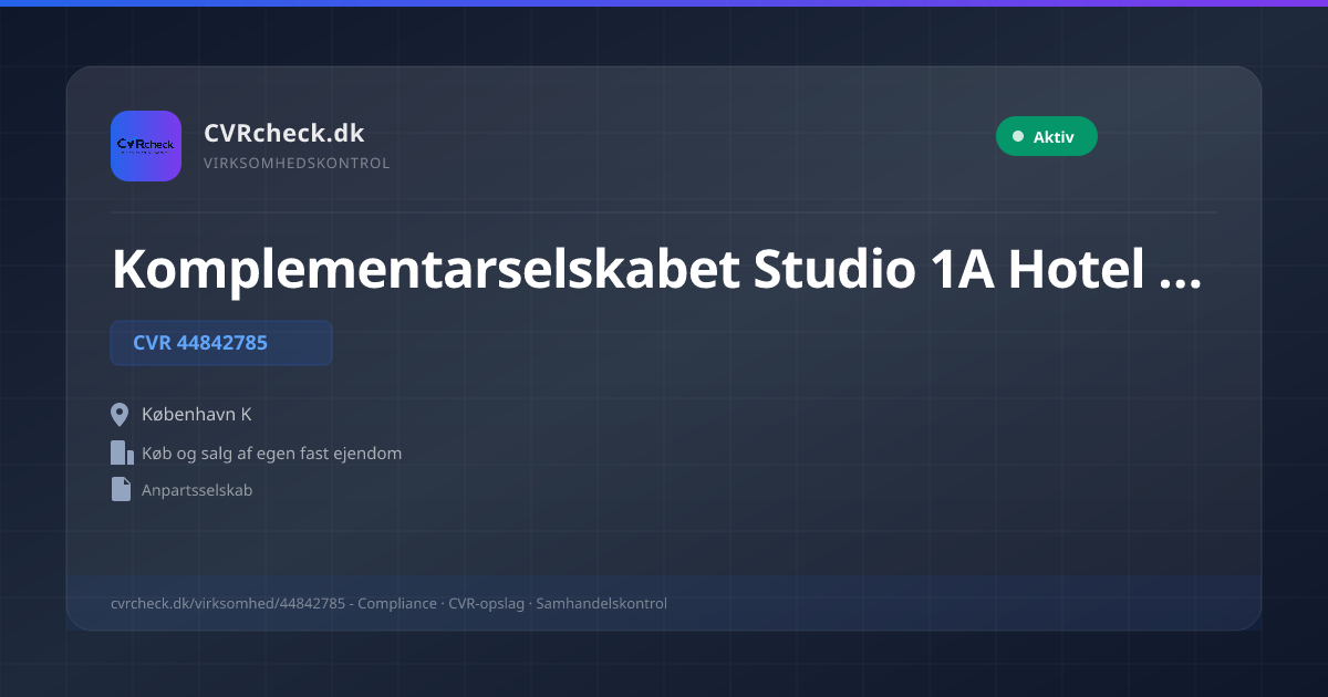 Visitkort: Komplementarselskabet Studio 1A Hotel Apartments ApS, CVR 44842785, Køb og salg af egen fast ejendom, København K, NORMAL