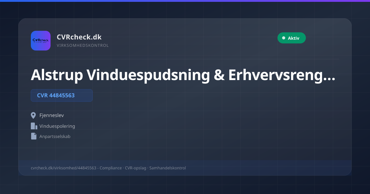 Visitkort: Alstrup Vinduespudsning & Erhvervsrengøring ApS, CVR 44845563, Vinduespolering, Fjenneslev, NORMAL