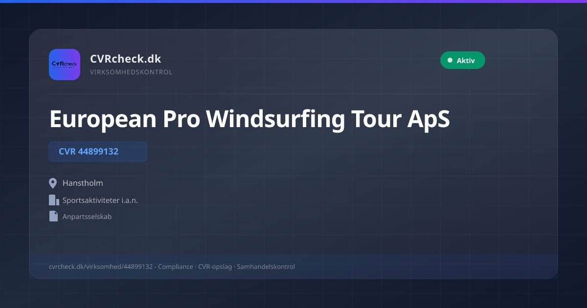 Visitkort: European Pro Windsurfing Tour ApS, CVR 44899132, Sportsaktiviteter i.a.n., Hanstholm, NORMAL