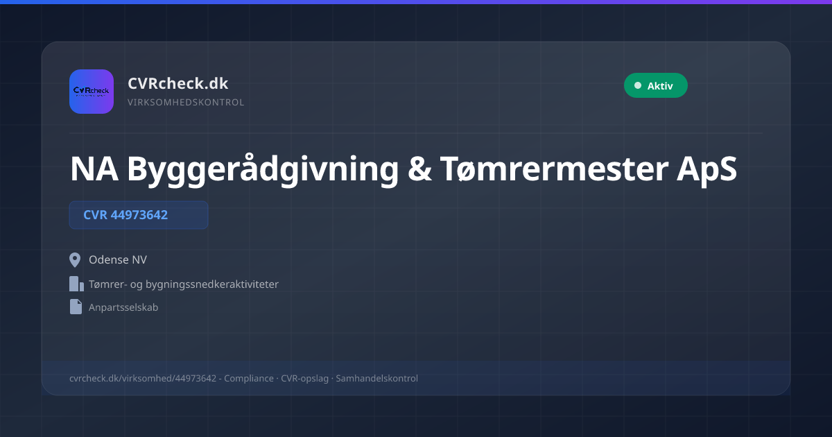 Visitkort: NA Byggerådgivning & Tømrermester ApS, CVR 44973642, Tømrer- og bygningssnedkeraktiviteter, Odense NV, NORMAL