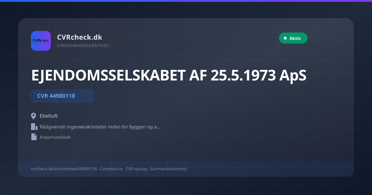 Visitkort: EJENDOMSSELSKABET AF 25.5.1973 ApS, CVR 44980118, Rådgivende ingeniøraktiviteter inden for byggeri og anlægsarbejder, Ebeltoft, NORMAL