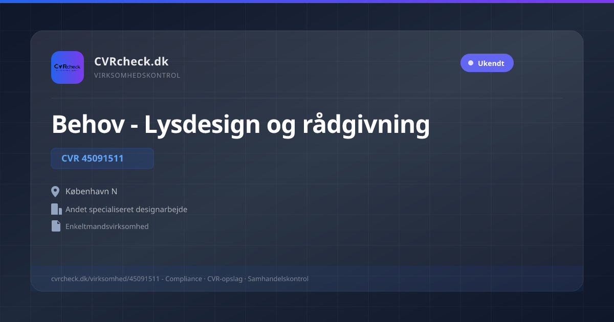 Visitkort: Behov - Lysdesign og rådgivning, CVR 45091511, Andet specialiseret designarbejde, København N