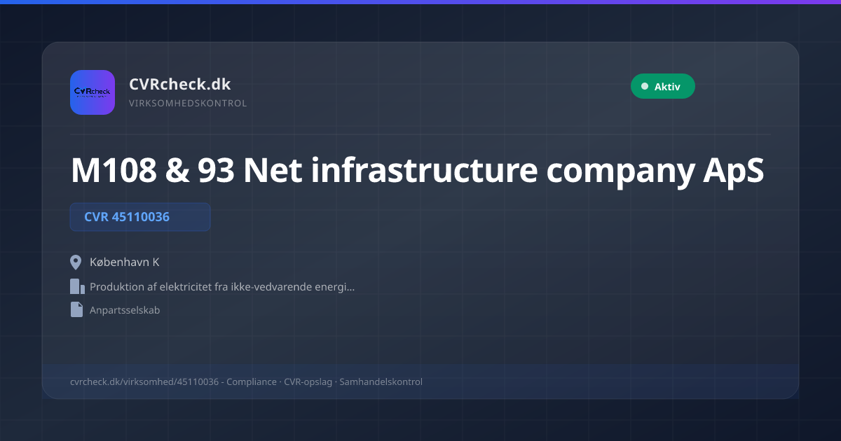 Visitkort: M108 & 93 Net infrastructure company ApS, CVR 45110036, Produktion af elektricitet fra ikke-vedvarende energikilder, København K, NORMAL