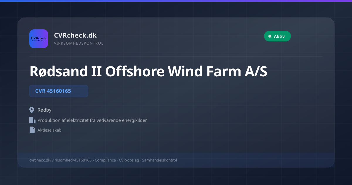 Visitkort: Rødsand II Offshore Wind Farm A/S, CVR 45160165, Produktion af elektricitet fra vedvarende energikilder, Rødby, NORMAL