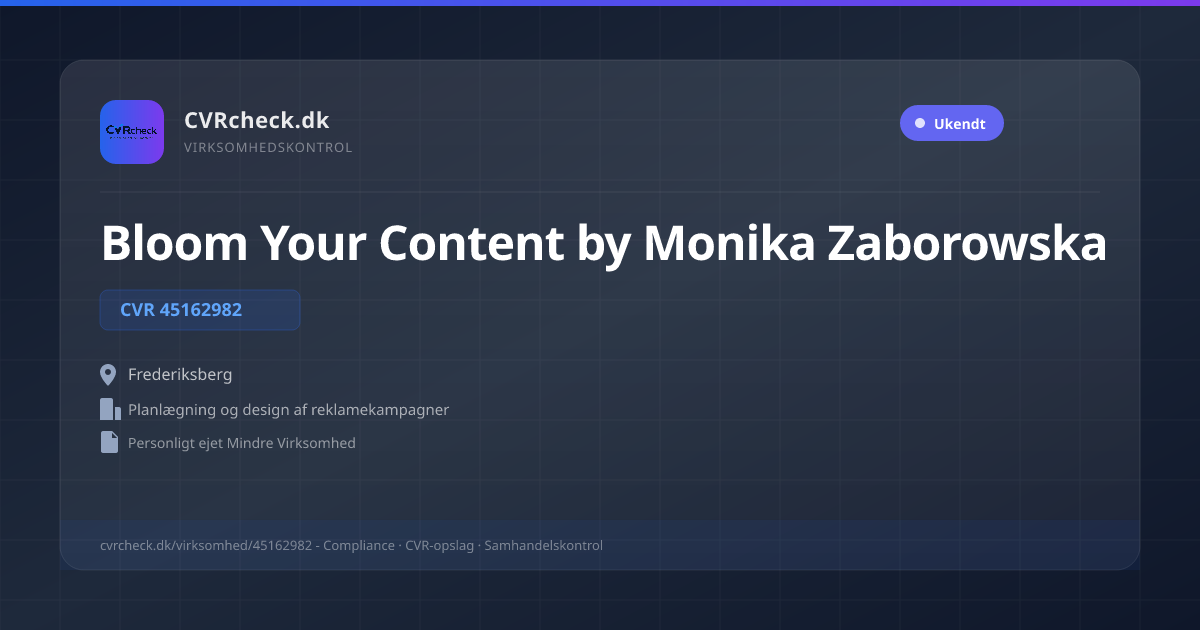 Visitkort: Bloom Your Content by Monika Zaborowska, CVR 45162982, Planlægning og design af reklamekampagner, Frederiksberg