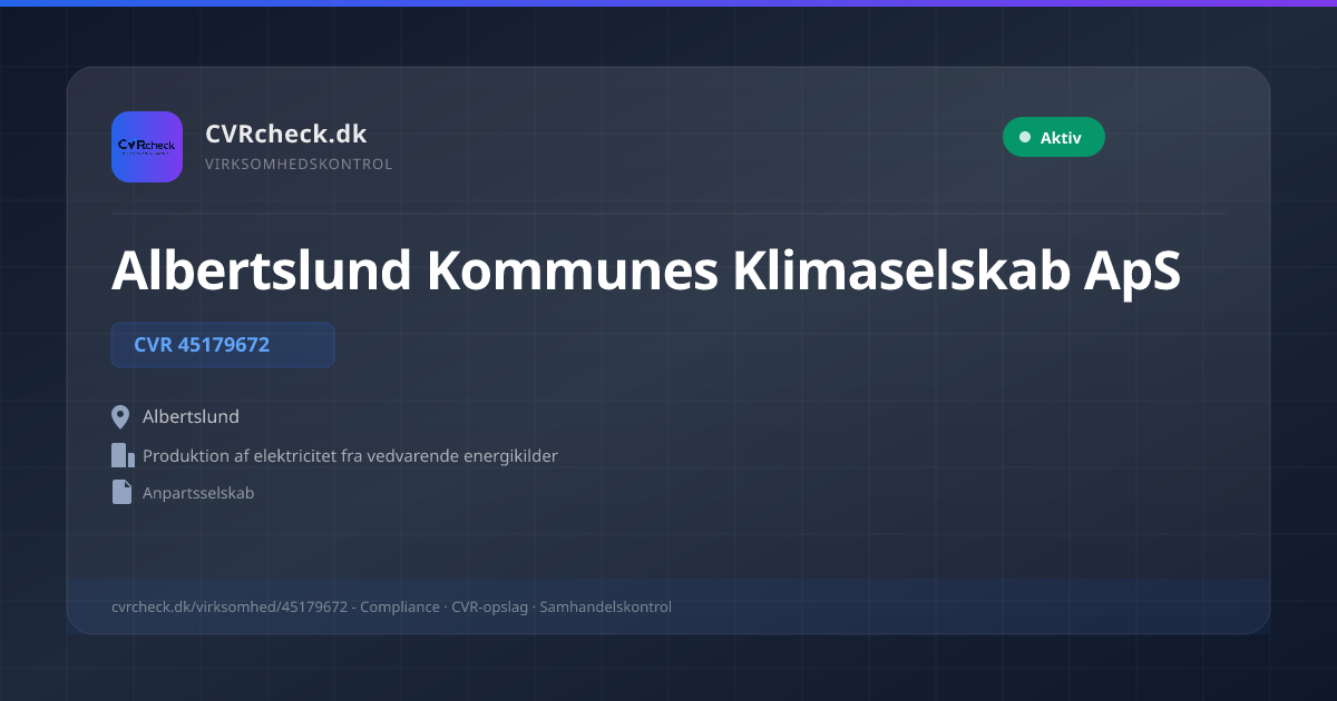 Visitkort: Albertslund Kommunes Klimaselskab ApS, CVR 45179672, Produktion af elektricitet fra vedvarende energikilder, Albertslund, NORMAL