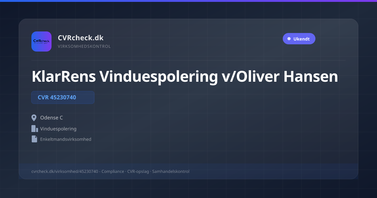 Visitkort: KlarRens Vinduespolering v/Oliver Hansen, CVR 45230740, Vinduespolering, Odense C