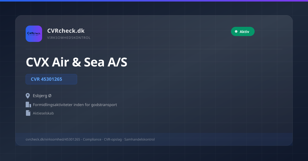 Visitkort: CVX Air & Sea A/S, CVR 45301265, Formidlingsaktiviteter inden for godstransport, Esbjerg Ø, NORMAL