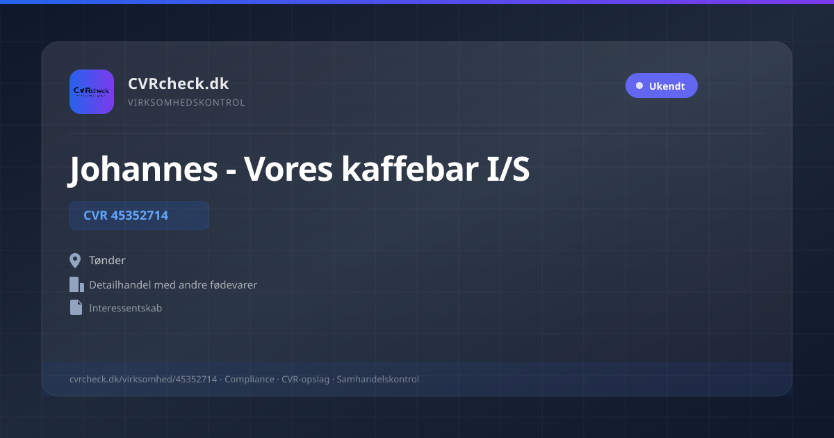 Visitkort: Johannes - Vores kaffebar I/S, CVR 45352714, Detailhandel med andre fødevarer, Tønder