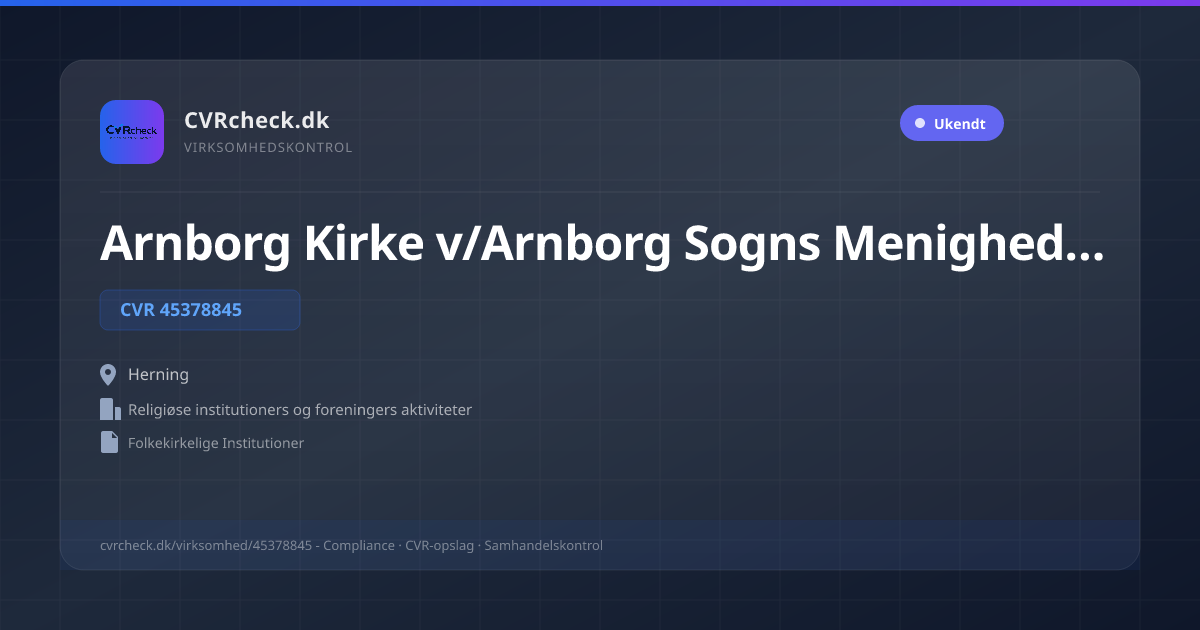 Visitkort: Arnborg Kirke v/Arnborg Sogns Menighedsråd, CVR 45378845, Religiøse institutioners og foreningers aktiviteter, Herning