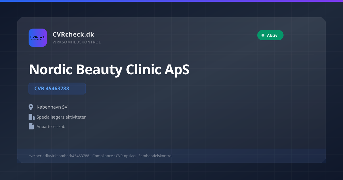 Visitkort: Nordic Beauty Clinic ApS, CVR 45463788, Speciallægers aktiviteter, København SV, NORMAL
