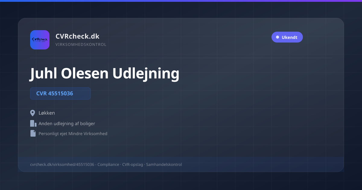 Visitkort: Juhl Olesen Udlejning, CVR 45515036, Anden udlejning af boliger, Løkken