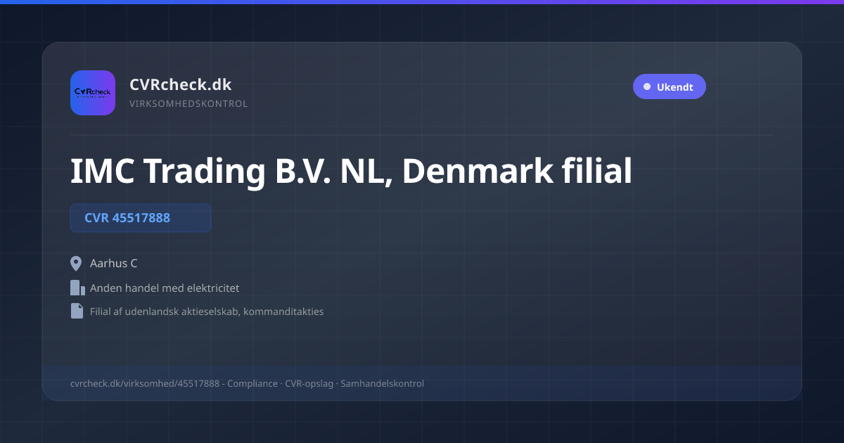 Visitkort: IMC Trading B.V. NL, Denmark filial, CVR 45517888, Anden handel med elektricitet, Aarhus C
