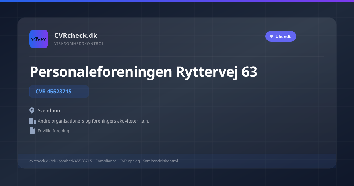 Visitkort: Personaleforeningen Ryttervej 63, CVR 45528715, Andre organisationers og foreningers aktiviteter i.a.n., Svendborg