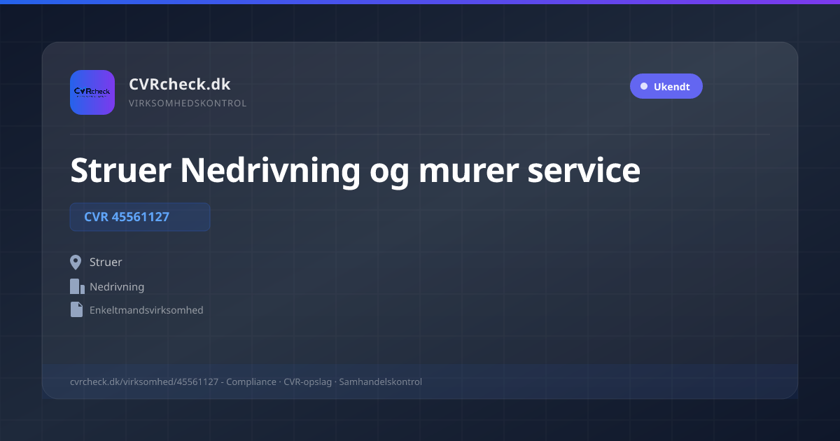 Visitkort: Struer Nedrivning og murer service, CVR 45561127, Nedrivning, Struer