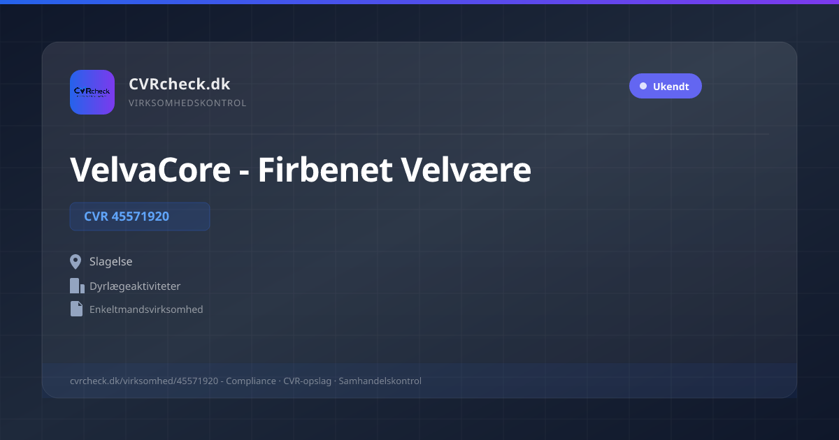 Visitkort: VelvaCore - Firbenet Velvære, CVR 45571920, Dyrlægeaktiviteter, Slagelse