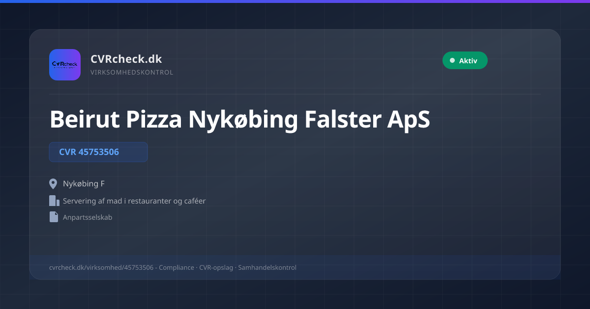 Visitkort: Beirut Pizza Nykøbing Falster ApS, CVR 45753506, Servering af mad i restauranter og caféer, Nykøbing F, NORMAL