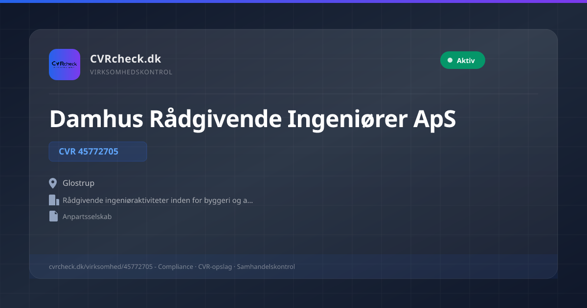 Visitkort: Damhus Rådgivende Ingeniører ApS, CVR 45772705, Rådgivende ingeniøraktiviteter inden for byggeri og anlægsarbejder, Glostrup, NORMAL